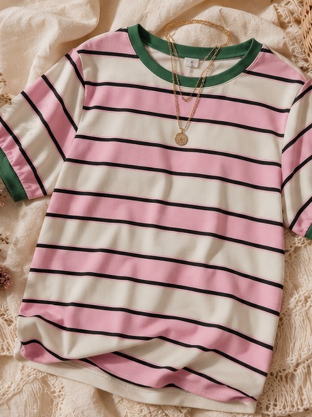 Pink Stripe Tee with Green Trim | Soft Casual Crew Neck Short Sleeve Top